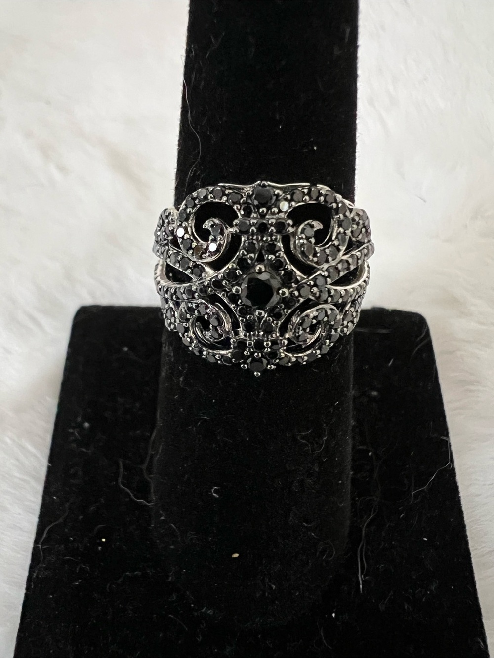 Black Spinel Sterling Silver Filigree Cocktail Ring - Women Jewelry